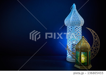 Islamic lanterns and crescent moon for ramadan celebration Islamic lanterns and crescent moon for ramadan celebration 136805433