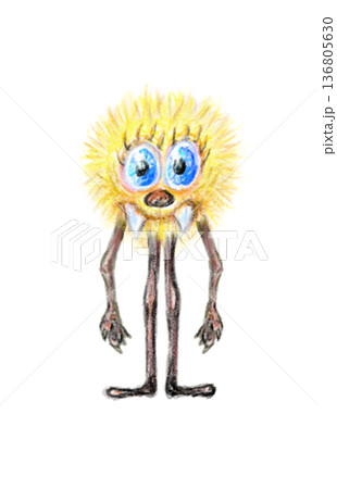 Whimsical cartoon creature pencil drawing fluffy yellow circular head large blue eyes eyelashes white fangs thin elongated body claw hands flat feet transparent background realistic Whimsical cartoon creature pencil drawing fluffy yellow circular head large blue eyes eyelashes white fangs thin elongated body claw hands flat feet transparent background realistic 136805630