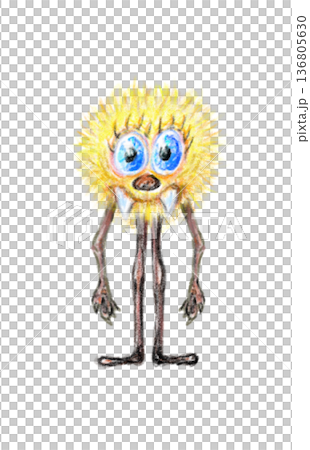 Whimsical cartoon creature pencil drawing fluffy yellow circular head large blue eyes eyelashes white fangs thin elongated body claw hands flat feet transparent background realistic Whimsical cartoon creature pencil drawing fluffy yellow circular head large blue eyes eyelashes white fangs thin elongated body claw hands flat feet transparent background realistic 136805630