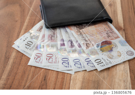 Black leather partmone with british pound money on the wood table. United Kindom bills in leather wallet for commerce concept. Black leather partmone with british pound money on the wood table. United Kindom bills in leather wallet for commerce concept. 136805676