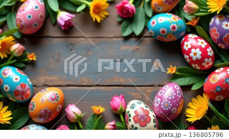 Colorful Hand-Painted Easter Eggs with Floral Patterns on Rustic Wooden Background with Copy Space for Text Colorful Hand-Painted Easter Eggs with Floral Patterns on Rustic Wooden Background with Copy Space for Text 136805796