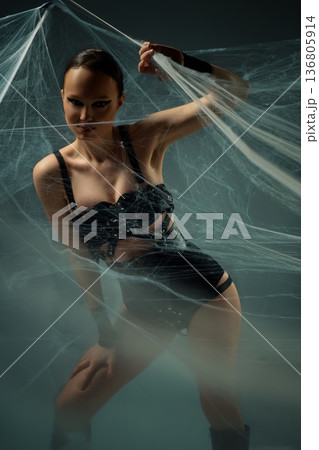 Mysterious woman in edgy black outfit and dramatic makeup posing in spiderwebs. 136805914