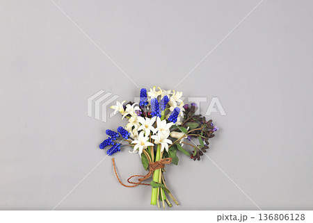 Abstract floral composition, still life, spring background or banner, Beautiful blooming hyacinths and muscari on a light background.holiday concept. Card for Mother's Day, Women's Day, Happy Abstract floral composition, still life, spring background or banner, Beautiful blooming hyacinths and muscari on a light background.holiday concept. Card for Mother's Day, Women's Day, Happy 136806128