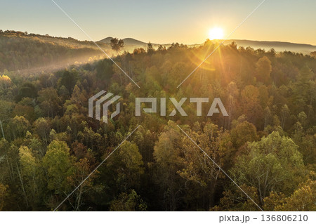 Wooded Appalachian mountains in North Carolina at sunset with yellow forest trees at fall season. Beauty of autumnal nature 136806210