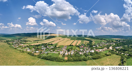 Aerial landscape view of green cultivated agricultural fields with growing crops and distant village houses Aerial landscape view of green cultivated agricultural fields with growing crops and distant village houses 136806221
