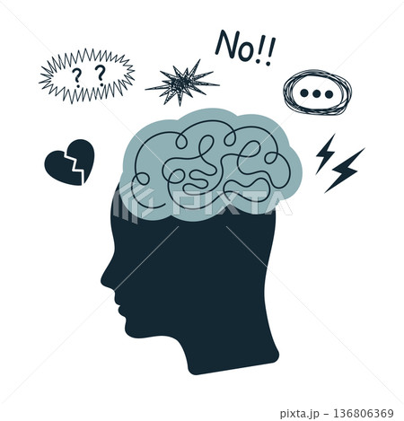 Mental health concept. Human head silhouette with tangled brain and emotional symbols stress anxiety overthinking psychology burnout confusion isolated Mental health concept. Human head silhouette with tangled brain and emotional symbols stress anxiety overthinking psychology burnout confusion isolated 136806369