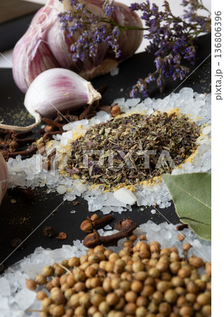 Spices and seeds served in salt spoon at black background. seasonings, Colorful natural meal additives. healthy food concept. close up Spices and seeds served in salt spoon at black background. seasonings, Colorful natural meal additives. healthy food concept. close up 136806396