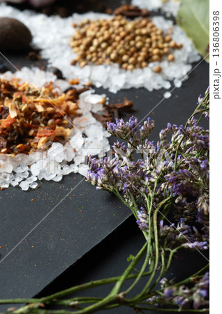 seasonings background with salt, Spices served at black. Colorful natural meal additives. healthy food concept. macro shot seasonings background with salt, Spices served at black. Colorful natural meal additives. healthy food concept. macro shot 136806398