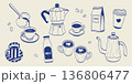 Hand drawn coffee set doodle illustration with cups, moka pot, kettle and beans. Mediterranean cafe style line art, minimal vector elements for menu, packaging, stickers, branding and kitchen design 136806477