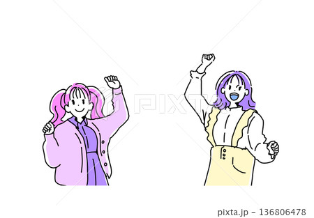 ガッツポーズをして喜ぶ若い女性二人組のイラスト 応援と成功 手書きベクター素材 ガッツポーズをして喜ぶ若い女性二人組のイラスト 応援と成功 手書きベクター素材 136806478