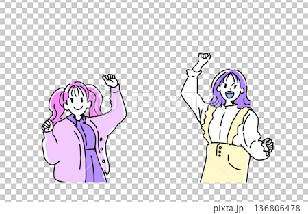 Illustration of a pair of young women celebrating with a fist pump. Cheering and success. Hand-drawn vector material. Illustration of a pair of young women celebrating with a fist pump. Cheering and success. Hand-drawn vector material. 136806478