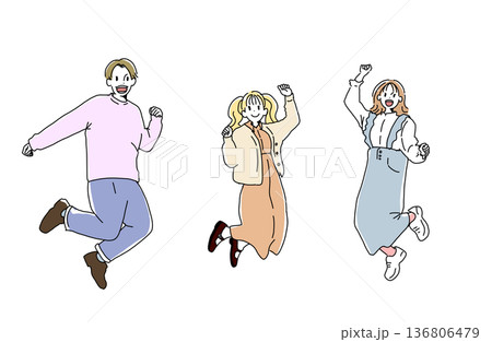 笑顔でジャンプする大学生男女のイラスト　若者と青春　手書きベクター素材 136806479