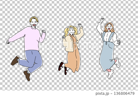 笑顔でジャンプする大学生男女のイラスト　若者と青春　手書きベクター素材 136806479