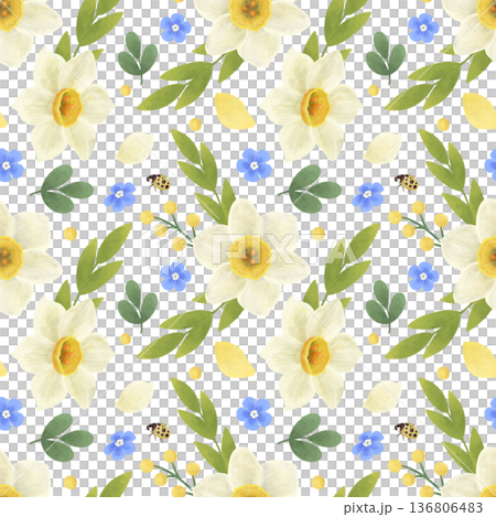 Seamless pattern with spring flowers: daffodil, forget-me-not, twigs, leaves, ladybug. Watercolor, pastel. yellow, blue, green. In a flat style. Seamless pattern with spring flowers: daffodil, forget-me-not, twigs, leaves, ladybug. Watercolor, pastel. yellow, blue, green. In a flat style. 136806483