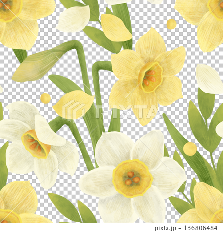Seamless pattern with spring flowers: yellow daffodils, green twigs, leaves. Watercolor, pastel. In a flat style. For prints, textiles, wallpapers Seamless pattern with spring flowers: yellow daffodils, green twigs, leaves. Watercolor, pastel. In a flat style. For prints, textiles, wallpapers 136806484