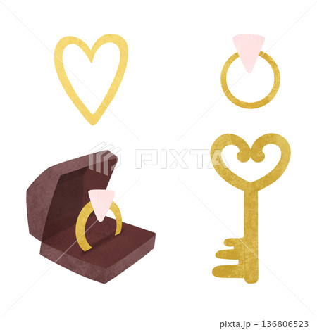 Engagement ring, heart, key. Set of gold elements about love, isolates. In a cartoonish flat style. Watercolor, pastel. Element of product design Engagement ring, heart, key. Set of gold elements about love, isolates. In a cartoonish flat style. Watercolor, pastel. Element of product design 136806523