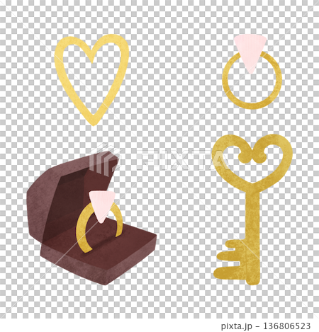 Engagement ring, heart, key. Set of gold elements about love, isolates. In a cartoonish flat style. Watercolor, pastel. Element of product design Engagement ring, heart, key. Set of gold elements about love, isolates. In a cartoonish flat style. Watercolor, pastel. Element of product design 136806523
