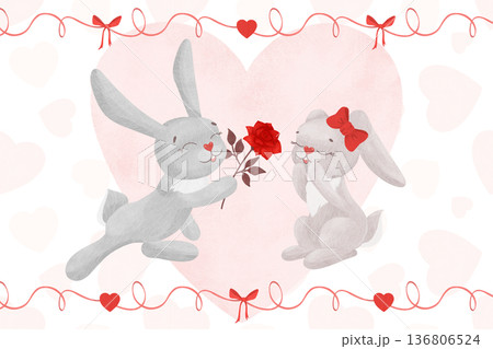 Cute bunnies, rabbits with a rose and hearts. Postcard with characters in pastel colors. Watercolor, pastel. A cartoon illustration in a flat style Cute bunnies, rabbits with a rose and hearts. Postcard with characters in pastel colors. Watercolor, pastel. A cartoon illustration in a flat style 136806524