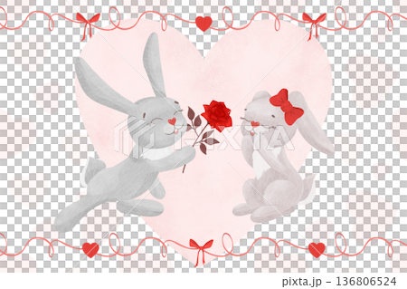 Cute bunnies, rabbits with a rose and hearts. Postcard with characters in pastel colors. Watercolor, pastel. A cartoon illustration in a flat style Cute bunnies, rabbits with a rose and hearts. Postcard with characters in pastel colors. Watercolor, pastel. A cartoon illustration in a flat style 136806524