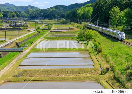 田植えの準備が進む横を城崎に向け駆け抜ける山陰本線の特急列車 田植えの準備が進む横を城崎に向け駆け抜ける山陰本線の特急列車 136806652