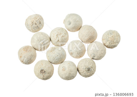 White peppercorns or pepper isolated on white background. Top view. Flat lay White peppercorns or pepper isolated on white background. Top view. Flat lay 136806693