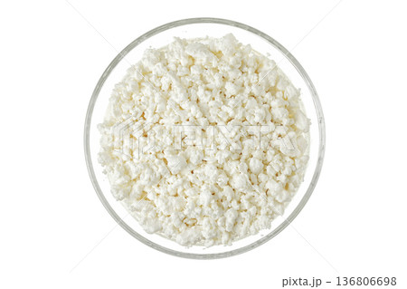 Cottage Cheese, Curd in glass bowl isolated on white background. Top view. Flat lay Cottage Cheese, Curd in glass bowl isolated on white background. Top view. Flat lay 136806698