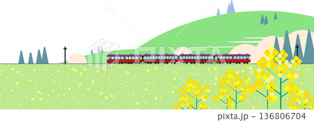 菜の花畑の中を走るローカル線の列車と春の山々の風景イラスト 136806704
