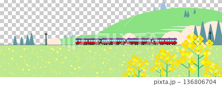菜の花畑の中を走るローカル線の列車と春の山々の風景イラスト 136806704
