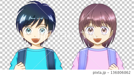 Anime-style illustration of elementary school boys and girls carrying school bags Anime-style illustration of elementary school boys and girls carrying school bags 136806862