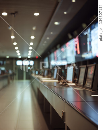 Smart grid control room with modern computer monitors and advanced technology, illuminated by bright ceiling lights, creating focused and professional atmosphere for energy management Smart grid control room with modern computer monitors and advanced technology, illuminated by bright ceiling lights, creating focused and professional atmosphere for energy management 136807134