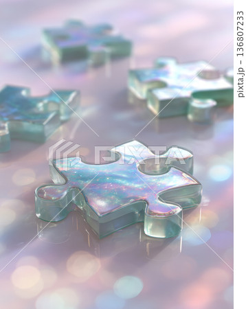 Iridescent puzzle piece pastel color glossy surface close up abstract background soft light dreamy reflective playful creative concept Iridescent puzzle piece pastel color glossy surface close up abstract background soft light dreamy reflective playful creative concept 136807233
