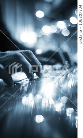 Remote team building activity shown with hands typing on keyboard, digital workspace, modern technology, and creative collaboration in professional environment with blue lighting 136807234