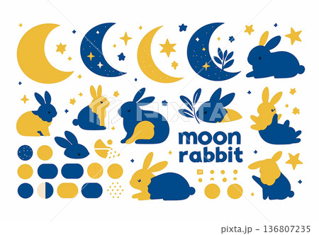 三日月の上で眠るかわいい赤ちゃんウサギと星や雲のイラスト 136807235