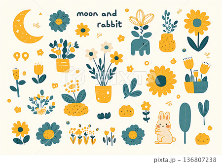 三日月の上で眠るかわいい赤ちゃんウサギと星や雲のイラスト 136807238
