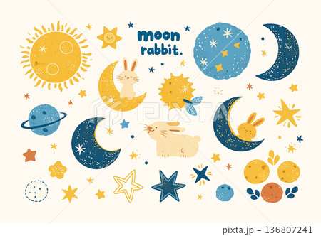 三日月の上で眠るかわいい赤ちゃんウサギと星や雲のイラスト 三日月の上で眠るかわいい赤ちゃんウサギと星や雲のイラスト 136807241