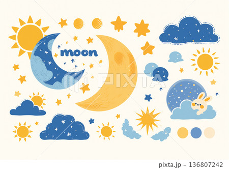 三日月の上で眠るかわいい赤ちゃんウサギと星や雲のイラスト 三日月の上で眠るかわいい赤ちゃんウサギと星や雲のイラスト 136807242