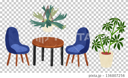 桌椅、鵝掌柴和鹿角蕨水彩手繪插圖 136807256