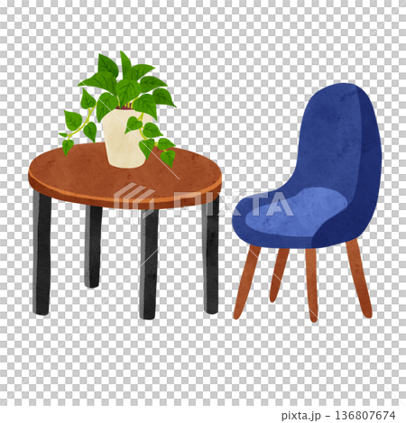 Table chair and pothos watercolor hand-drawn illustration 136807674