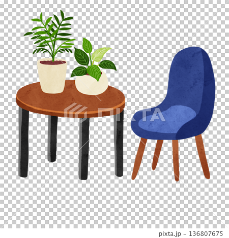 桌椅和桌棕櫚（findendron）。水彩手繪插圖。 136807675