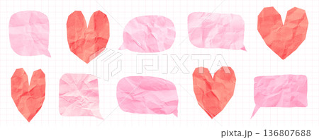 Pink and red vector paper hearts and speech bubbles, romantic text box shapes graphic elements for Valentine's Day backgrounds and cards 136807688