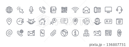 Contact line icon set. Phone email info stroke symbol vector. Outline address location clock news 136807731
