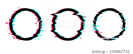 Glitch effect circle frame background. Neon glitch light digital design vector frame cyberpunk icon Glitch effect circle frame background. Neon glitch light digital design vector frame cyberpunk icon 136807732