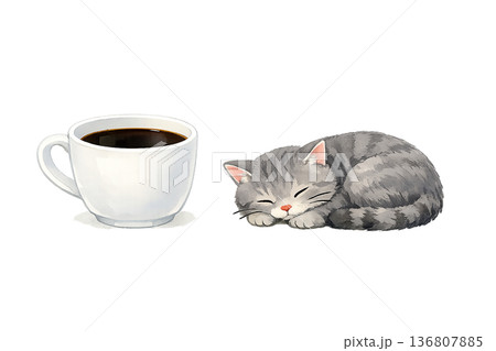 珈琲カップと眠る猫の水彩イラスト素材｜やさしいカフェ時間のかわいいモチーフ 136807885