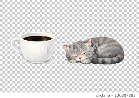 珈琲カップと眠る猫の水彩イラスト素材｜やさしいカフェ時間のかわいいモチーフ 136807885