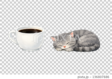 珈琲カップと眠る猫の水彩イラスト素材｜やさしいカフェ時間のかわいいモチーフ 136807886