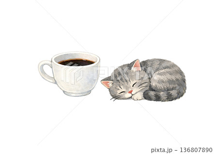 珈琲カップと眠る猫の水彩イラスト素材｜やさしいカフェ時間のかわいいモチーフ 136807890