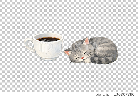 珈琲カップと眠る猫の水彩イラスト素材｜やさしいカフェ時間のかわいいモチーフ 136807890