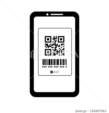 スマホ決済の画面に表示されたQRコードのモノクロイラスト素材 136807983