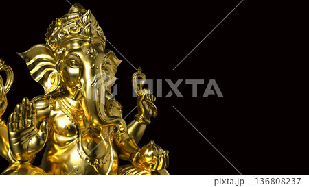 Golden Ganesha Statue on Dark Background 3d render. 136808237