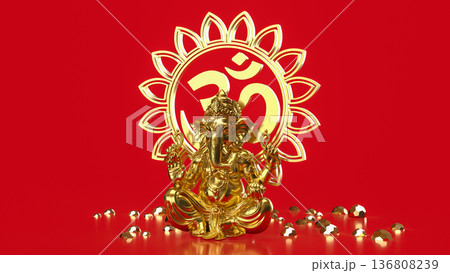 Golden Ganesha with Om Symbol on Red 3d render. 136808239